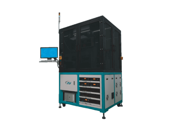 A Glass Turret AOI Machine, featuring a transparent protective enclosure, control panel, and mounted monitor, designed for precision optical inspection.